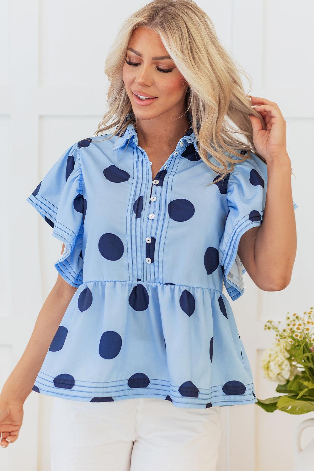 Tops Blouses Women – Blouses | Sky Blue Polka Dot Print Ruffled Short Sleeve Buttoned Collared Blouse - Modestly Vogue 