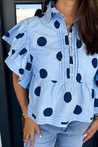 Tops Blouses Women – Blouses | Sky Blue Polka Dot Print Ruffled Short Sleeve Buttoned Collared Blouse - Modestly Vogue 