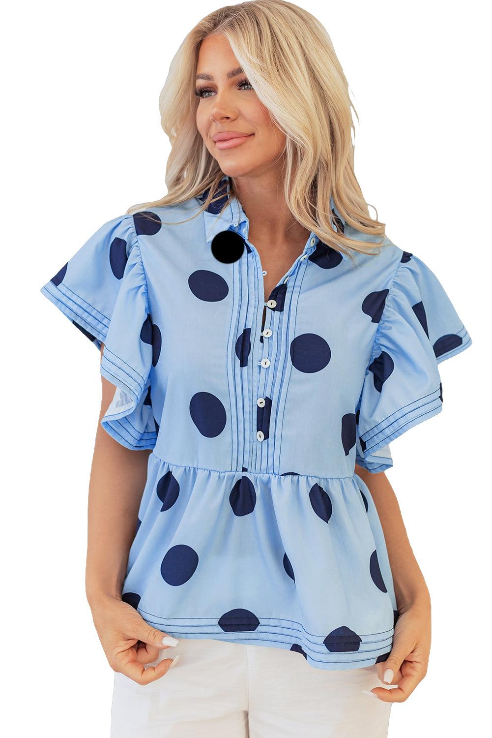 Tops Blouses Women – Blouses | Sky Blue Polka Dot Print Ruffled Short Sleeve Buttoned Collared Blouse - Modestly Vogue 