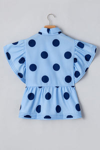 Tops Blouses Women – Blouses | Sky Blue Polka Dot Print Ruffled Short Sleeve Buttoned Collared Blouse - Modestly Vogue 