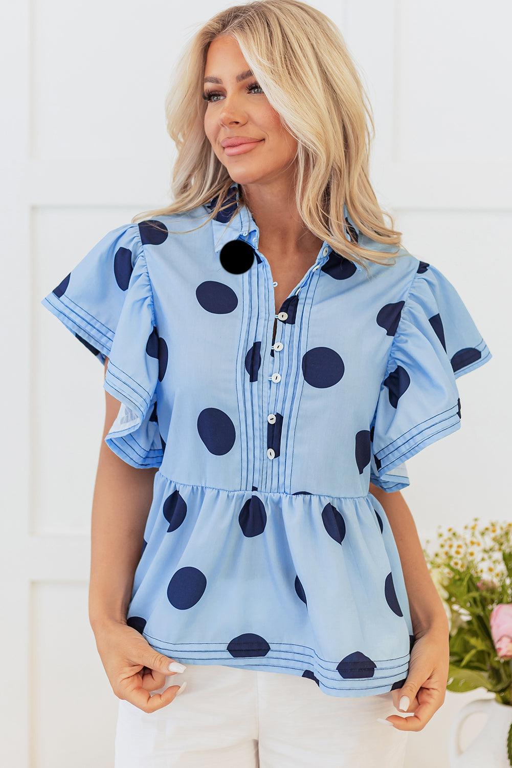 Tops Blouses Women – Blouses | Sky Blue Polka Dot Print Ruffled Short Sleeve Buttoned Collared Blouse - Modestly Vogue 