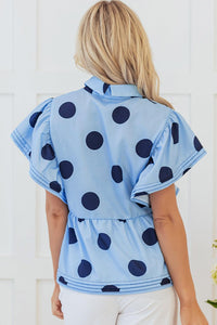 Tops Blouses Women – Blouses | Sky Blue Polka Dot Print Ruffled Short Sleeve Buttoned Collared Blouse - Modestly Vogue 