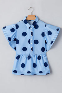 Tops Blouses Women – Blouses | Sky Blue Polka Dot Print Ruffled Short Sleeve Buttoned Collared Blouse - Modestly Vogue 