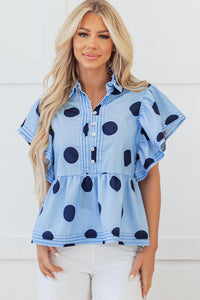 Tops Blouses Women – Blouses | Sky Blue Polka Dot Print Ruffled Short Sleeve Buttoned Collared Blouse - Modestly Vogue 