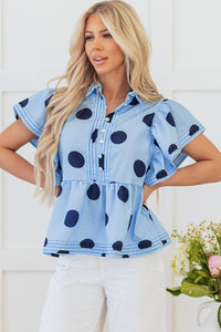 Tops Blouses Women – Blouses | Sky Blue Polka Dot Print Ruffled Short Sleeve Buttoned Collared Blouse - Modestly Vogue 