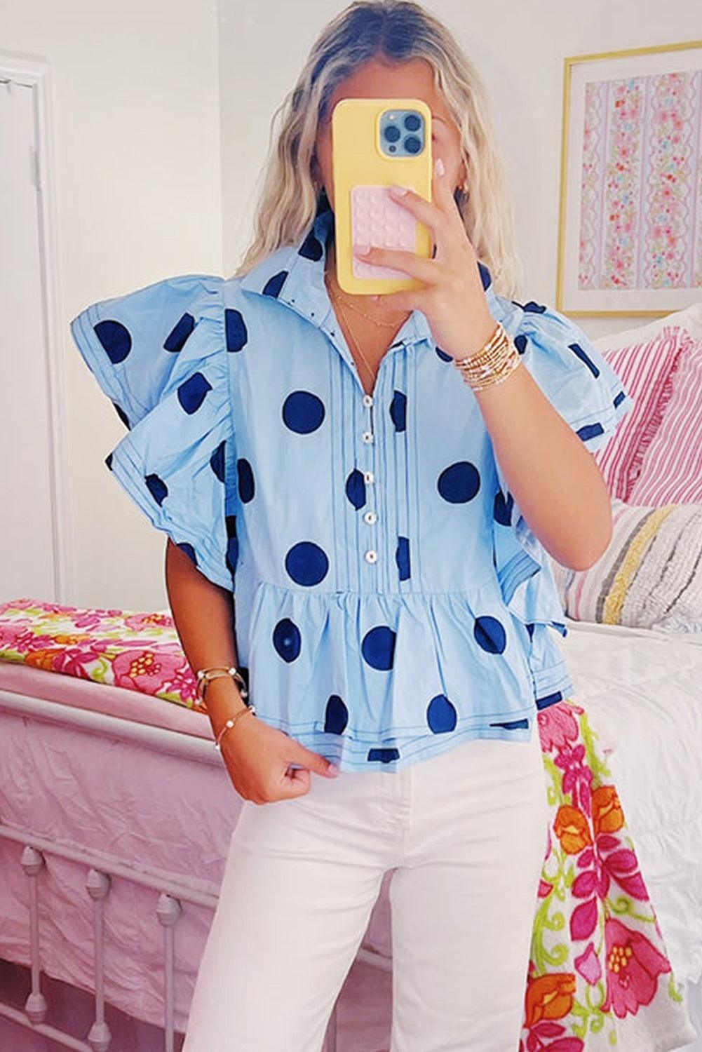 Tops Blouses Women – Blouses | Sky Blue Polka Dot Print Ruffled Short Sleeve Buttoned Collared Blouse - Modestly Vogue 