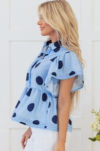 Tops Blouses Women – Blouses | Sky Blue Polka Dot Print Ruffled Short Sleeve Buttoned Collared Blouse - Modestly Vogue 