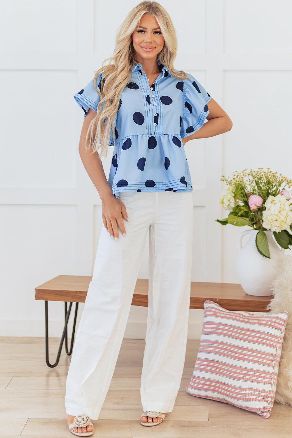 Tops Blouses Women – Blouses | Sky Blue Polka Dot Print Ruffled Short Sleeve Buttoned Collared Blouse - Modestly Vogue 