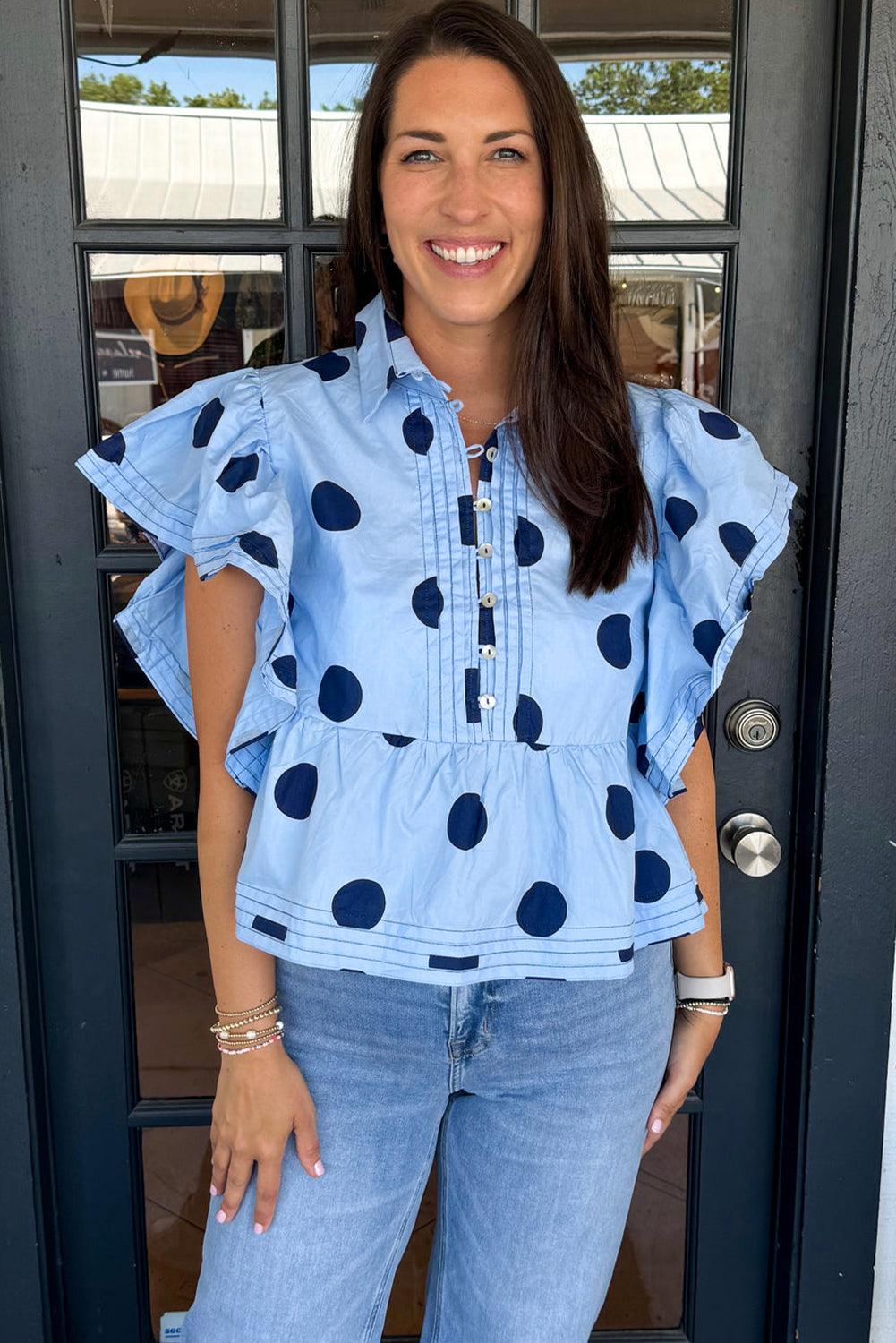 Tops Blouses Women – Blouses | Sky Blue Polka Dot Print Ruffled Short Sleeve Buttoned Collared Blouse - Modestly Vogue 