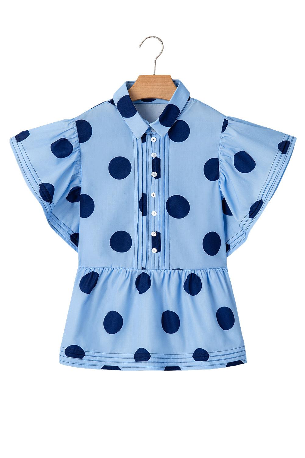 Tops Blouses Women – Blouses | Sky Blue Polka Dot Print Ruffled Short Sleeve Buttoned Collared Blouse - Modestly Vogue 