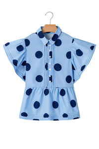 Tops Blouses Women – Blouses | Sky Blue Polka Dot Print Ruffled Short Sleeve Buttoned Collared Blouse - Modestly Vogue 