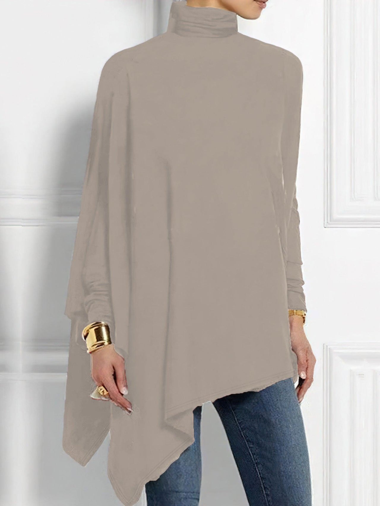 High Neck Asymmetric Top – Loose Long Sleeve Spring Autumn Style - Modestly Vogue 