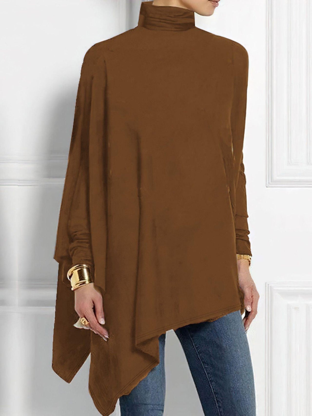 High Neck Asymmetric Top – Loose Long Sleeve Spring Autumn Style - Modestly Vogue 