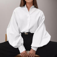 Women's High Collared Lantern Sleeve Cardigan Shirt Top Blouse - Modestly Vogue 