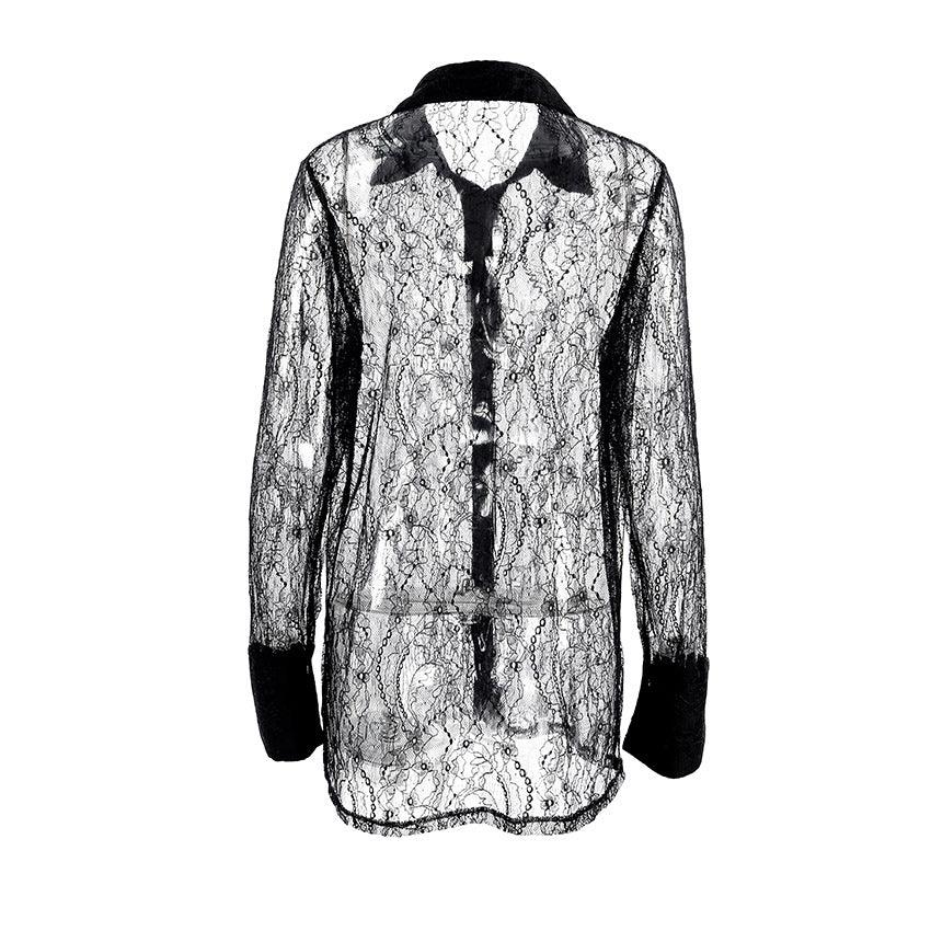 Black Lace Collared Shirt – Breathable Long Sleeve Jacquard Blouse - Modestly Vogue 