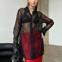 Black Lace Collared Shirt – Breathable Long Sleeve Jacquard Blouse - Modestly Vogue 