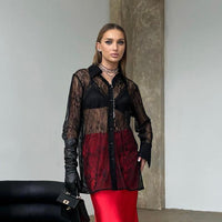 Black Lace Collared Shirt – Breathable Long Sleeve Jacquard Blouse - Modestly Vogue 