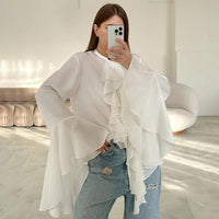 White Chiffon Bell Sleeve Blouse – Ruffled Round Neck Spring Top - Modestly Vogue 