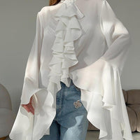 White Chiffon Bell Sleeve Blouse – Ruffled Round Neck Spring Top - Modestly Vogue 