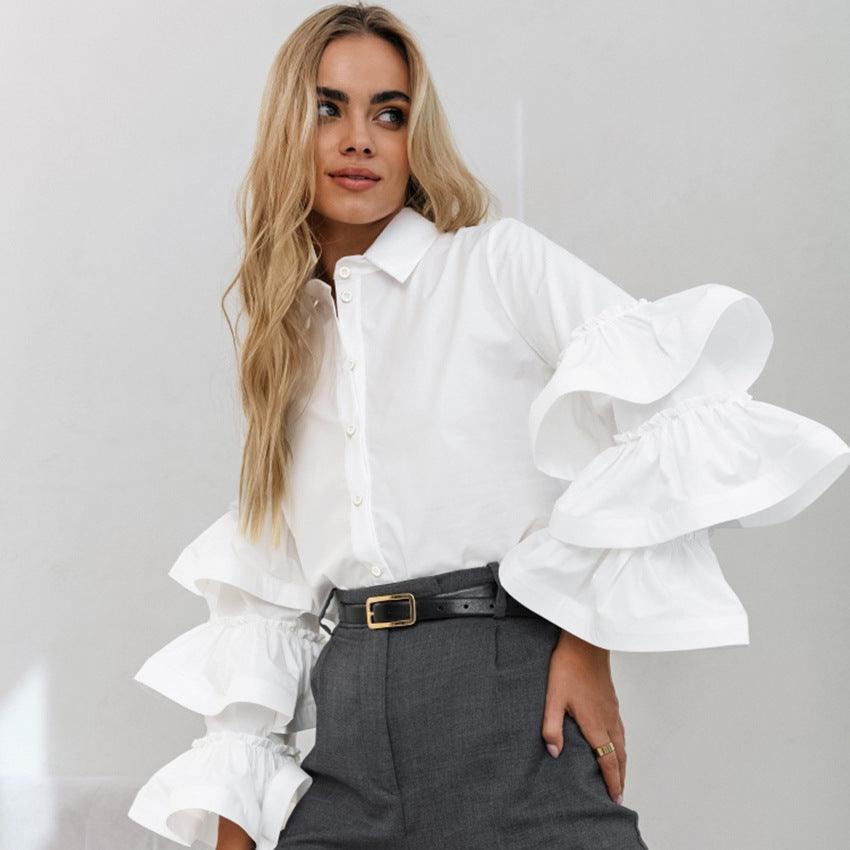 Tops Blouses Women – Blouses | White Ruffled Long Sleeve Women Shirt Autumn - Modestly Vogue 