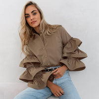 Tops Blouses Women – Blouses | White Ruffled Long Sleeve Women Shirt Autumn - Modestly Vogue 