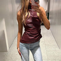 Leather Cascading Collar Personalized Waist Tight Oblique Sleeveless Top Vest - Modestly Vogue 