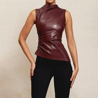 Leather Cascading Collar Personalized Waist Tight Oblique Sleeveless Top Vest - Modestly Vogue 