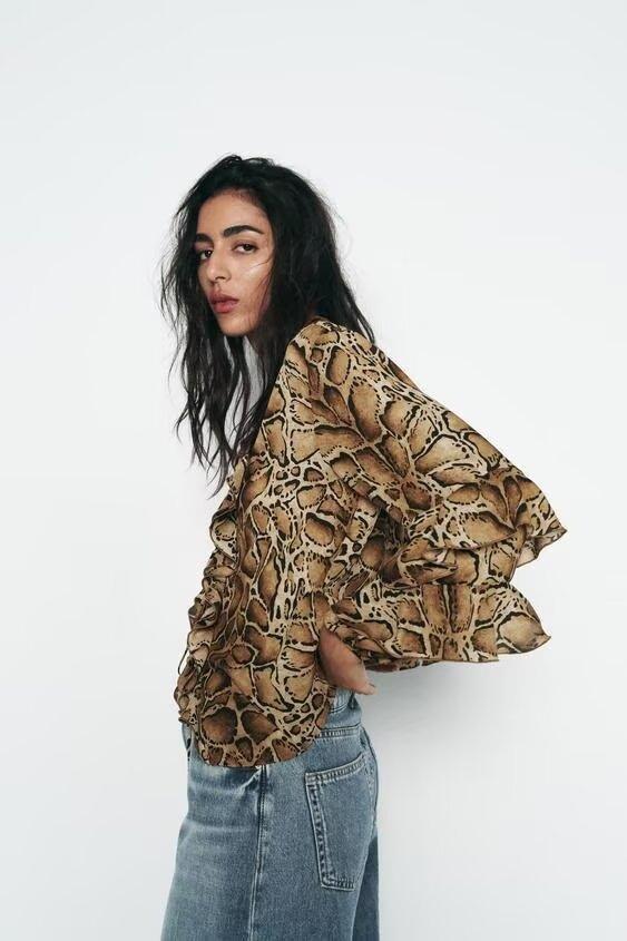 Stylish Tops & Blouses for Women – Trendy & Elegant Blouses for Every Occasion | Modestly Vogue Women Clothing Manufacturers V Neck Leopard Print Women Shirt Ruffled Long Sleeve Loose Top - Modestly Vogue 