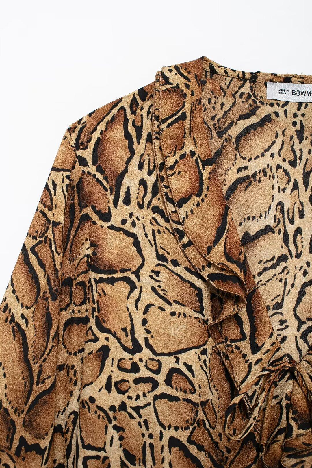 Stylish Tops & Blouses for Women – Trendy & Elegant Blouses for Every Occasion | Modestly Vogue Women Clothing Manufacturers V Neck Leopard Print Women Shirt Ruffled Long Sleeve Loose Top - Modestly Vogue 