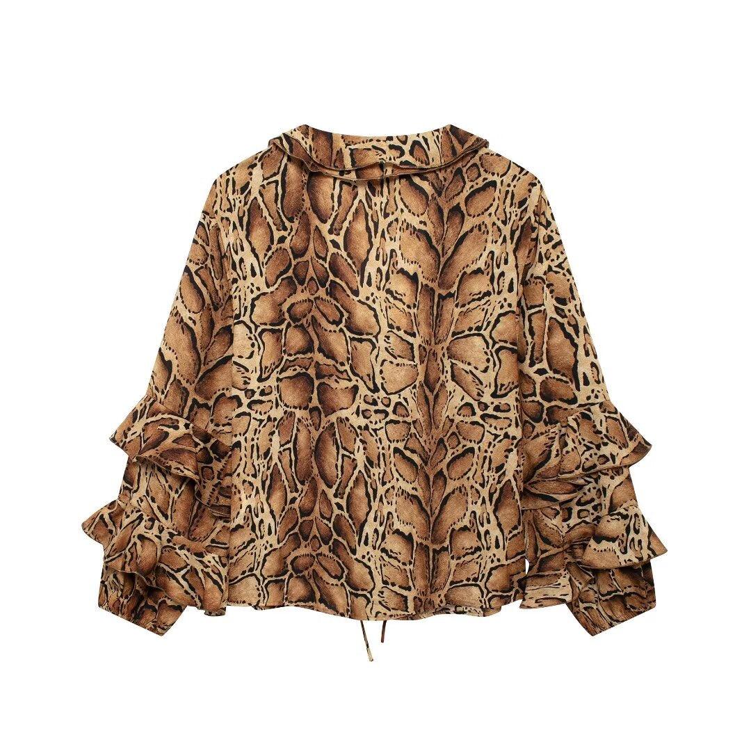 Stylish Tops & Blouses for Women – Trendy & Elegant Blouses for Every Occasion | Modestly Vogue Women Clothing Manufacturers V Neck Leopard Print Women Shirt Ruffled Long Sleeve Loose Top - Modestly Vogue 