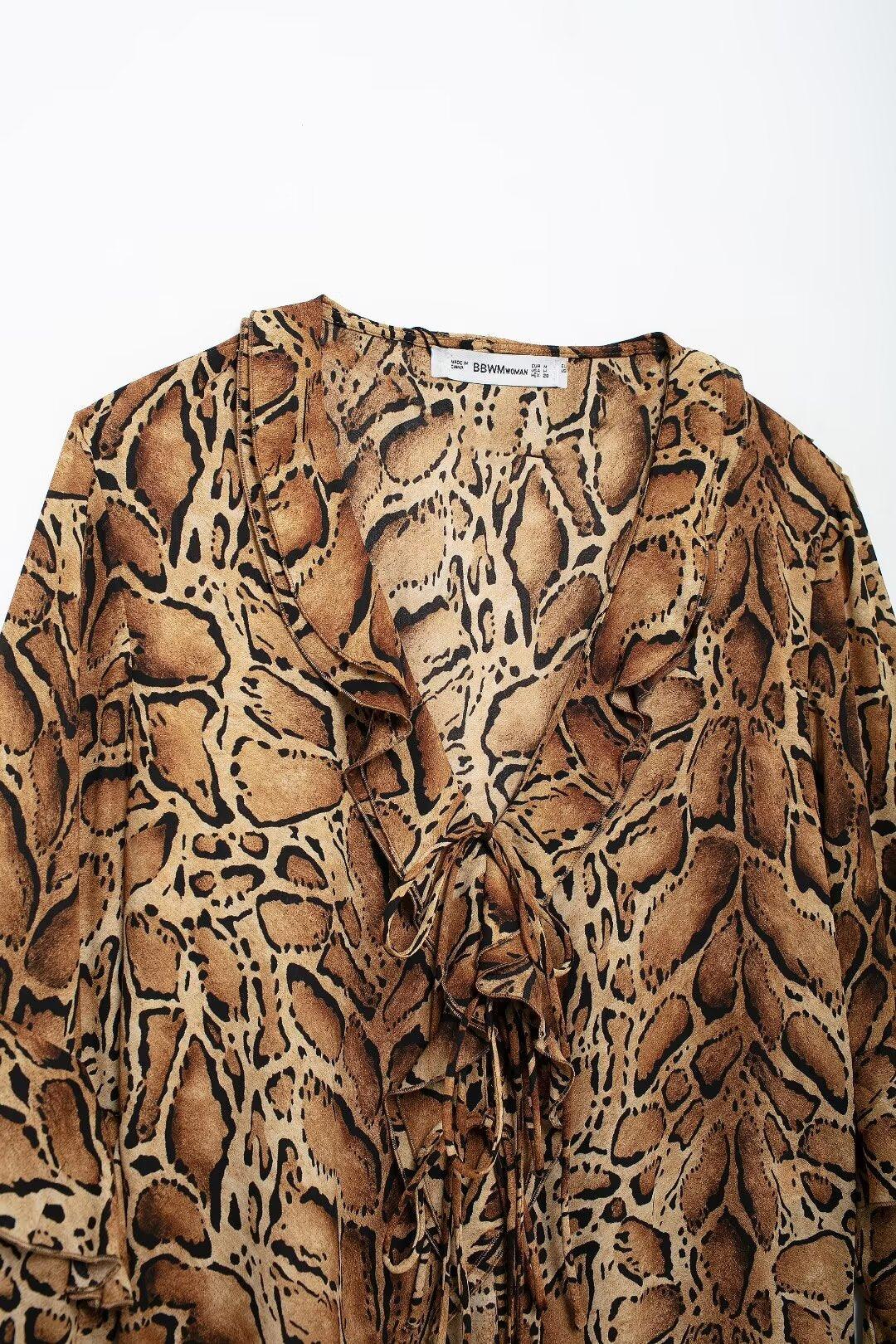 Stylish Tops & Blouses for Women – Trendy & Elegant Blouses for Every Occasion | Modestly Vogue Women Clothing Manufacturers V Neck Leopard Print Women Shirt Ruffled Long Sleeve Loose Top - Modestly Vogue 