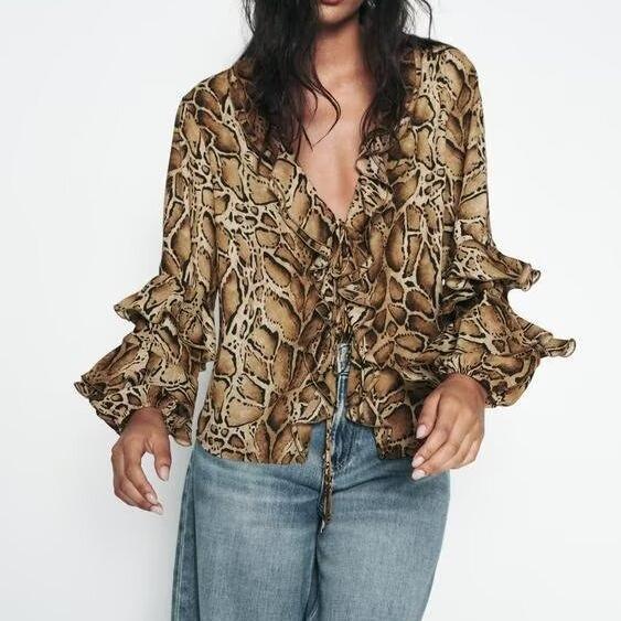 Stylish Tops & Blouses for Women – Trendy & Elegant Blouses for Every Occasion | Modestly Vogue Women Clothing Manufacturers V Neck Leopard Print Women Shirt Ruffled Long Sleeve Loose Top - Modestly Vogue 