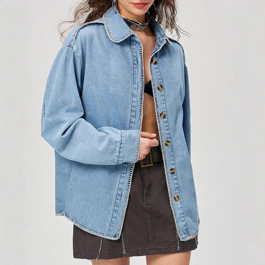 Denim Tops Blouses – Blouses | Clothing Street Polo Collar Long Sleeve Shirt - Modestly Vogue 