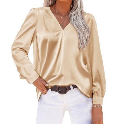 Stylish Tops & Blouses for Women – Trendy & Elegant Blouses for Every Occasion | Modestly Vogue Women Satin Pleated Long Sleeved Top V neck Casual Loose Satin Office Shirt - Modestly Vogue 