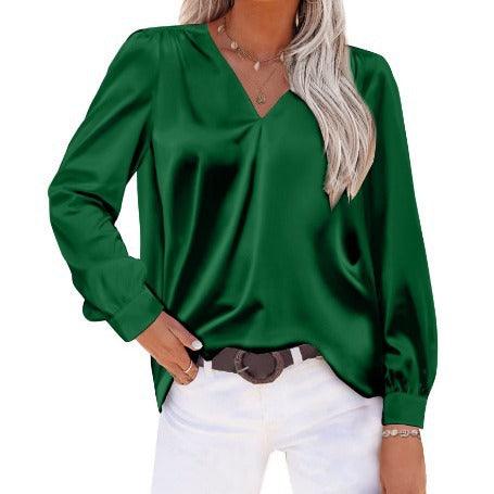 Stylish Tops & Blouses for Women – Trendy & Elegant Blouses for Every Occasion | Modestly Vogue Women Satin Pleated Long Sleeved Top V neck Casual Loose Satin Office Shirt - Modestly Vogue 