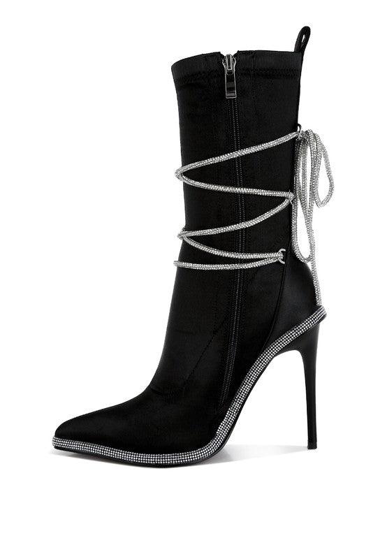 Trendy Boots for Women – Stylish & Comfortable Boots for Every Season | Modestly Vogue Dacia Rhinestones Strap Satin Calf Boots - Modestly Vogue 