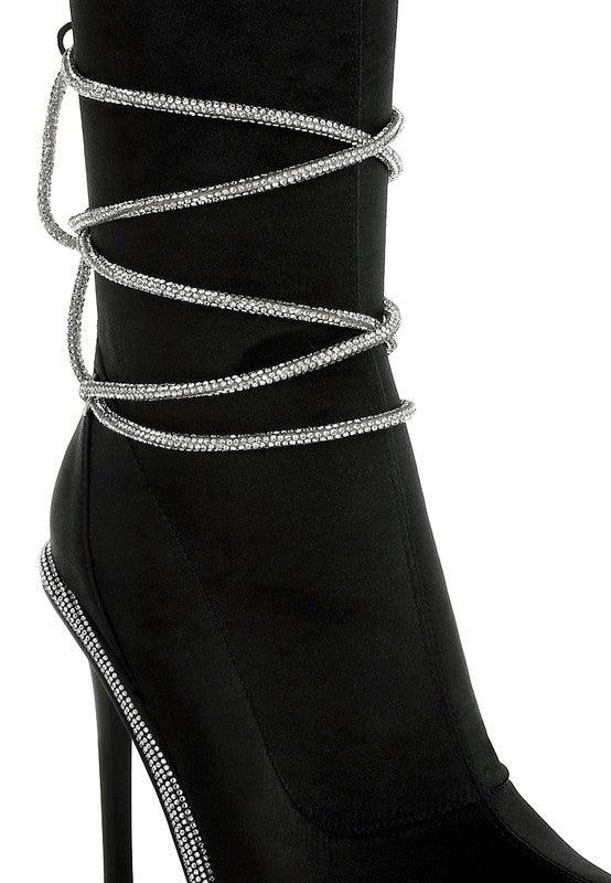 Trendy Boots for Women – Stylish & Comfortable Boots for Every Season | Modestly Vogue Dacia Rhinestones Strap Satin Calf Boots - Modestly Vogue 