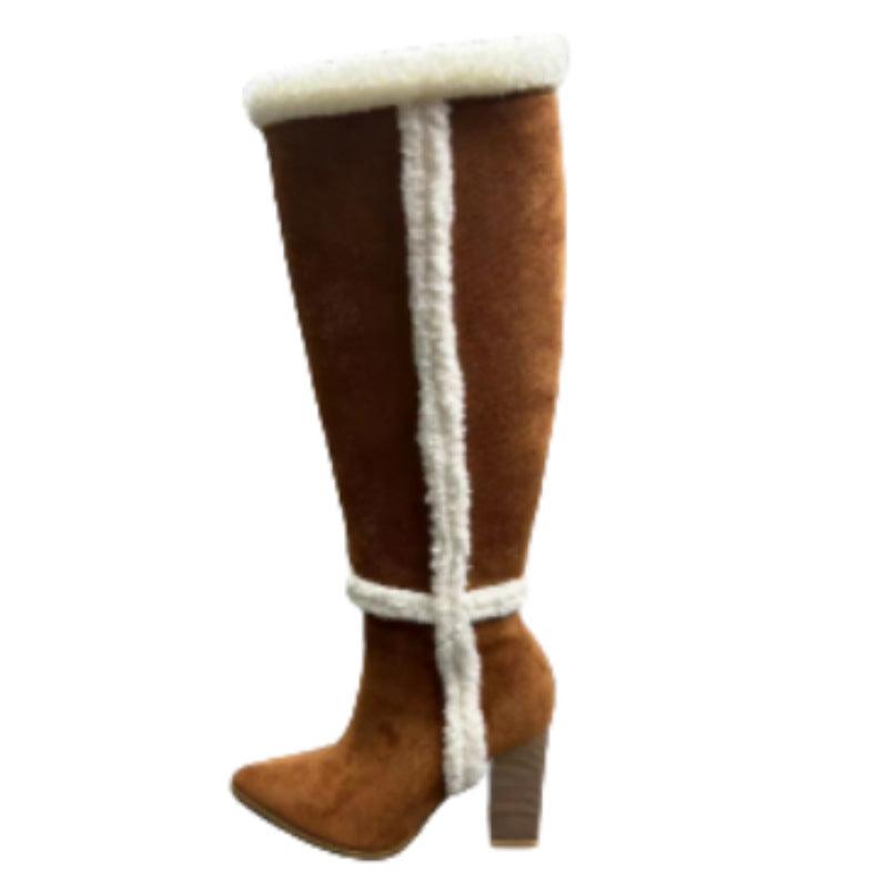 Trendy Boots for Women – Stylish & Comfortable Boots for Every Season | Modestly Vogue Lamb Fur Snow Boots Women Brown Suede Knight Boots Thick Heel Pointed below the Knee Long Boots High - Modestly Vogue 