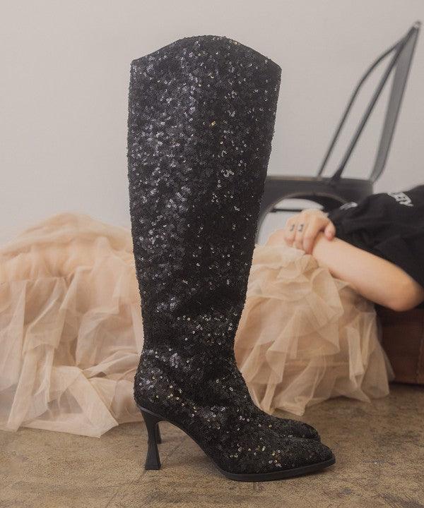 OASIS SOCIETY Jeweled Knee High Sequin Boots - Modestly Vogue 