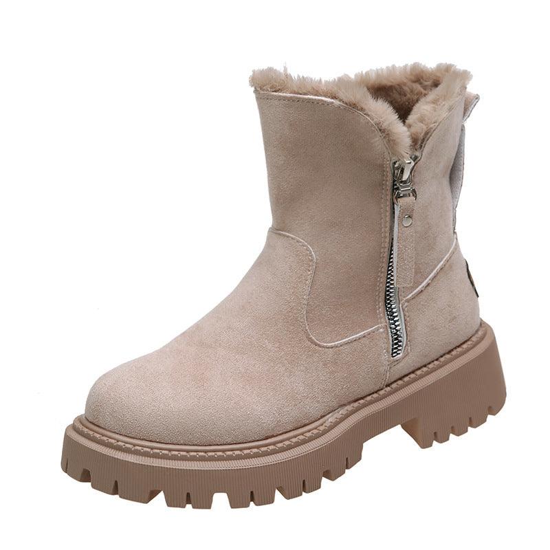 Trendy Boots for Women – Stylish & Comfortable Boots for Every Season | Modestly Vogue Winter Fleece Lined Short Fur Mouth Snow Boots Women Warm Side Zipper Suede Cotton Boots - Modestly Vogue 