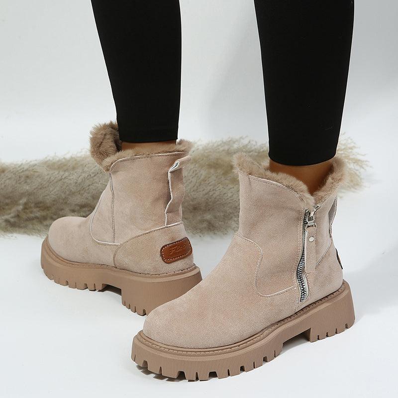 Trendy Boots for Women – Stylish & Comfortable Boots for Every Season | Modestly Vogue Winter Fleece Lined Short Fur Mouth Snow Boots Women Warm Side Zipper Suede Cotton Boots - Modestly Vogue 