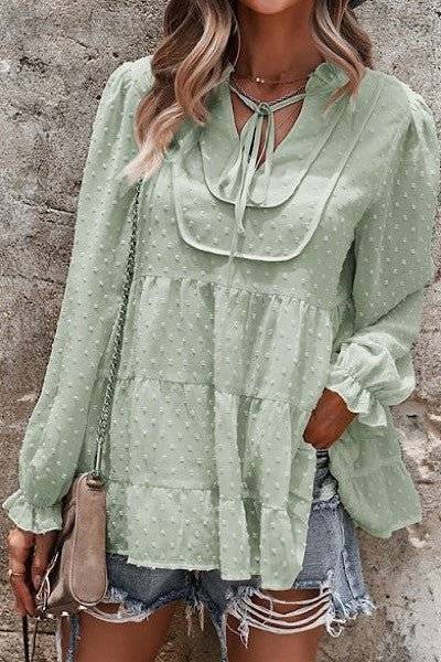 Boho Chic Dotted Tiered Long Sleeve Top - Fashion Piece - Modestly Vogue 