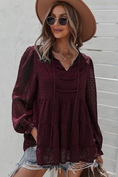 Boho Chic Dotted Tiered Long Sleeve Top - Fashion Piece - Modestly Vogue 