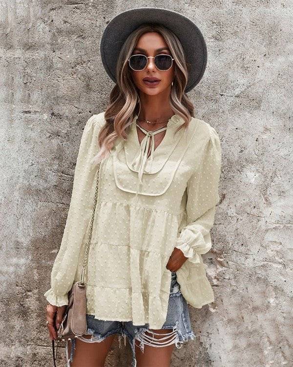 Boho Chic Dotted Tiered Long Sleeve Top - Fashion Piece - Modestly Vogue 