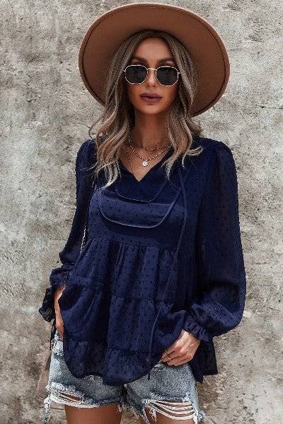 Boho Chic Dotted Tiered Long Sleeve Top - Fashion Piece - Modestly Vogue 