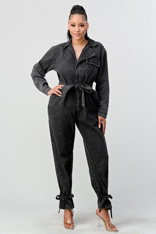 Denim – One-Piece Outfits | ATHINA BLACK WASHED DENIM TIE DETAIL JUMPSUIT - Modestly Vogue 