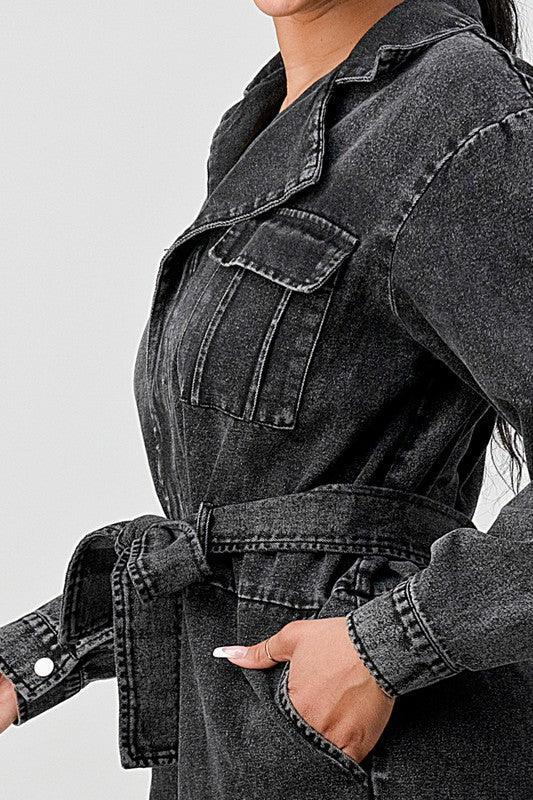 Denim – One-Piece Outfits | ATHINA BLACK WASHED DENIM TIE DETAIL JUMPSUIT - Modestly Vogue 