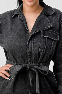 Denim – One-Piece Outfits | ATHINA BLACK WASHED DENIM TIE DETAIL JUMPSUIT - Modestly Vogue 