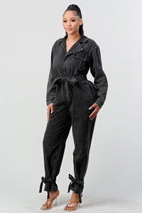 Denim – One-Piece Outfits | ATHINA BLACK WASHED DENIM TIE DETAIL JUMPSUIT - Modestly Vogue 