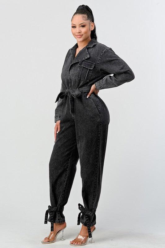 Denim – One-Piece Outfits | ATHINA BLACK WASHED DENIM TIE DETAIL JUMPSUIT - Modestly Vogue 